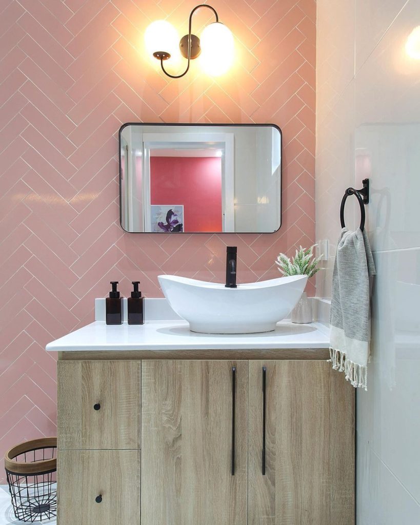 Pink bathroom renovation by Olivehaus Interiors