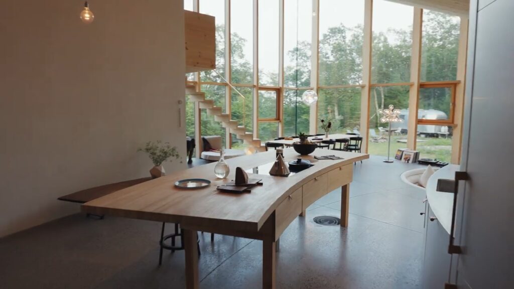 Curved Kitchen counter in the house built around a boulder